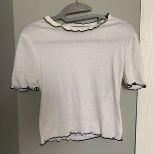 Zara Trafaluc White Ribbed Black Lettuce Tee